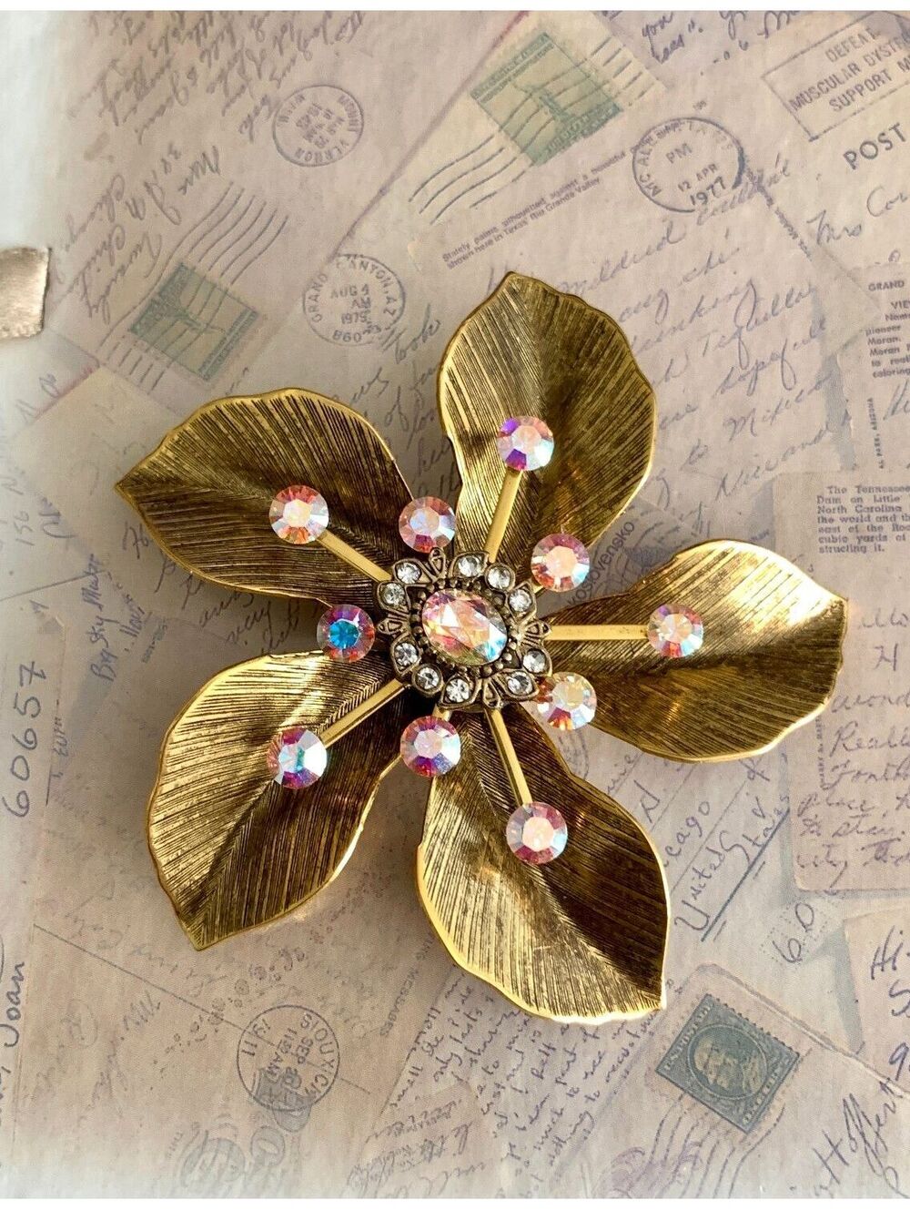 Handmade Magnet Brooch with Swarovski Crystals Sparkling Gold Flower Brooch